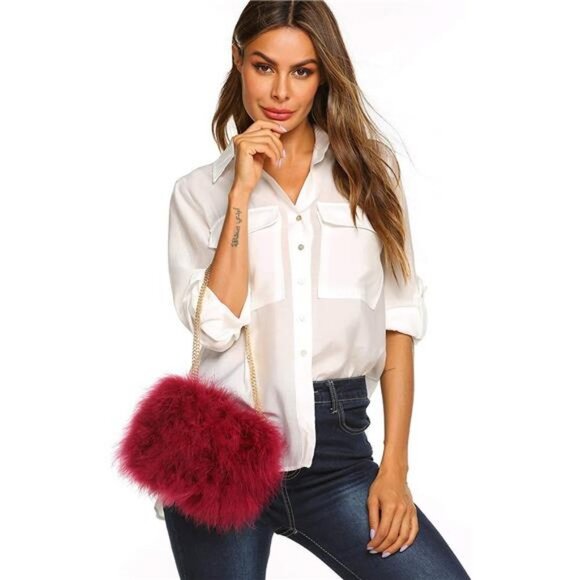 Women Marabou Feather Clutch Bag Evening Handbag with Detachable Chain Strap - Picture 6 of 7